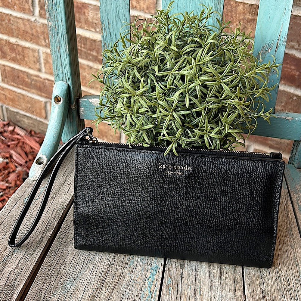 KATE SPADE Large Continental “Sylvia” Black Soft Crossgrain Leather Wristlet